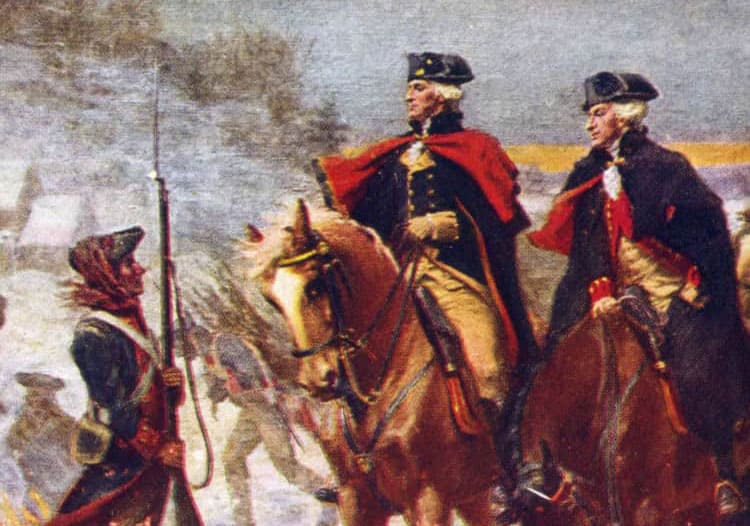 A historic painting depicting Washington and Lafayette on horseback at Valley Forge